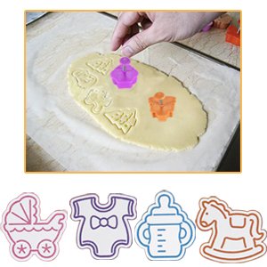 4er Baby Kinder Motive AUSSTECHER Ausstechformen Stempel Auswerfer Marzipan Fondant Kekse Party Milchflasche Kleidung Kinderwagen Holzpferd - 2