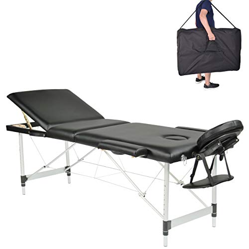 MC Star Camilla de Masaje de 3 Zonas Aluminio Profesional Portatil Ligera Mesa de Masaje de Plegable Altura Ajustable Tattoo Salón Terapia con Apoyabrazos, Reposacabezas, Bolsa de transporte (Negro)