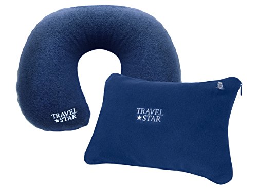 2er Set: Aufblasbares Nackenhörnchen + Kissen mit Fleece-Bezug (Blau) (TS-N-4000)