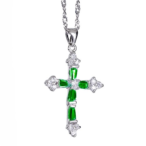 RIZILIACrucifix Cross Pendant with 45cm(18") Chain & Trapezoid Cut Gemstones CZ [5 Colours available] in 18K White Gold Plated, Simple Modern Elegance