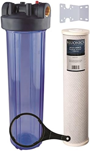 BLUONICS 20" Big Blue Whole House Water Filter 5 Micron Carbon Block For Chlorine, Pesticides, Herbicides, Insecticides, Bad Taste and Odor with Clear Blue Transparent Housing