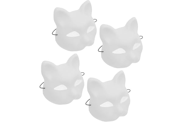 MUELODSIC 4 St Vita Plast Kattmasker med Nät för DIY Målning Unika Halvansikts Djurmasker för Cosplay och Halloweenfester Bekväma med God Luftflöde för Projekt