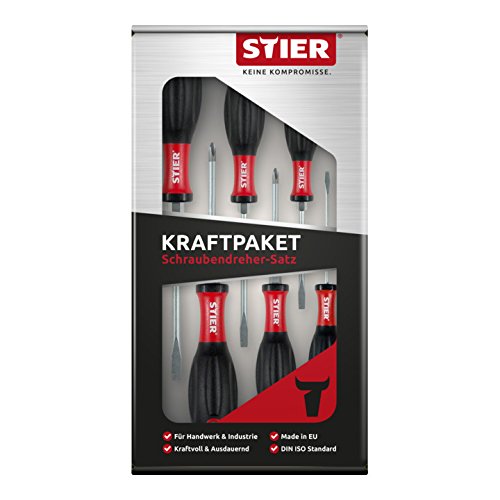 STIER Kraftpaket Schraubendreher-Satz I 3K-Kraft-Griff + Sechskant-Schlüsselhilfe (Hexagon) I 6-teilig Schlitz und Phillips-Schraubendreher