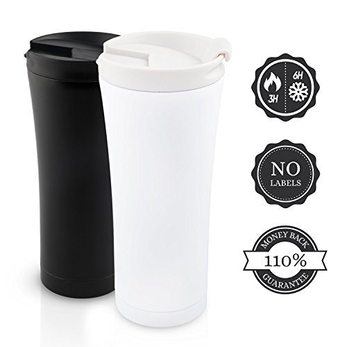 Isolierbecher Edelstahl mit Deckel to go 450 ml (0,45 Liter) Matt-weiß. Thermos Auslaufsicher Kaffee to go Becher - 100% Geld-zurück-GARANTIE