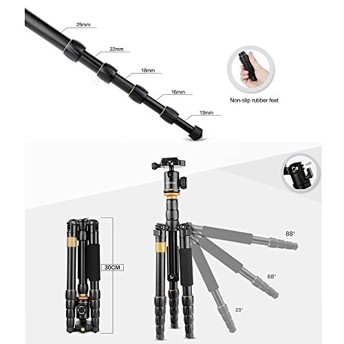 Andeor tr  pied professionnel en alliage d aluminium  tr  pied pliable multifonctionnel hauteur d untilisation agr  able 72 5-132 5cm pour Canon Nikon Sony Panasonic DSLR