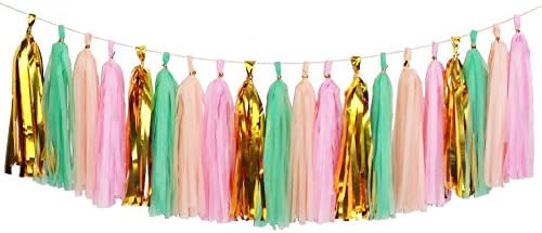KOKER Tassel Garland, Tissue Paper Tassels for Wedding, Baby Shower, Event & Party Supplies, 20 pcs DIY Kits Package Contains Instructions - (Pink-Mint-Peach-Gold Mylar)