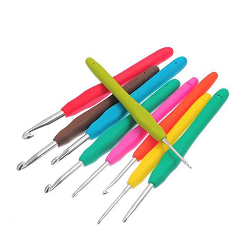 LemonBest® 9 Stück Aluminium Häkelnadeln Nadelset mit bunten Gummigriff, 2mm, 2.5mm, 3mm, 3.5mm, 4mm, 4.5mm, 5, 5.5, 6mm