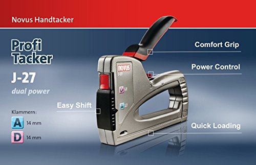 Novus Handtacker J – 27 dual power, Aluminium-Gehäuse, Verarbeitung von Fein- bzw. Flachdrahtklammer, Unterlademechanik mit Sicherheitsentriegelung, Klammersichtfenster uvm, 030-0439 - 8