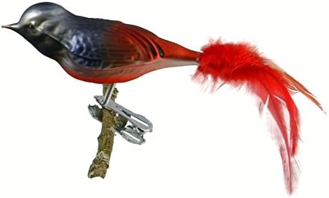 Thringer Weihnacht 52-012 Glass Bird Figurine in Garden Redstart Design with Natural Feathers