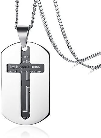 Men's Stainless Steel Cross Dog Tag English Bible Verse Lords Prayer Pendant Necklace,Free Chain