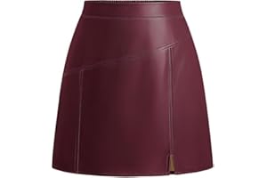 Kate Kasin Women's PU Leather A-Line Mini Skirt High Waisted Side Split Casual Skirt with Elastic Waistband Side Zipper for Night Out Party Club Wear