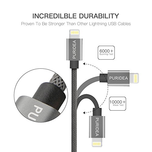 Puridea 3Ft/1M Nylon Braided iphone Charger Cable,Quick Charge 2.4A Lightning Charger Cable [Apple MFi Certified] for iPhone8 7 6s Plus, 5/5c/5s/SE iPad Air 2, iPad Pro and More (Space Gray)