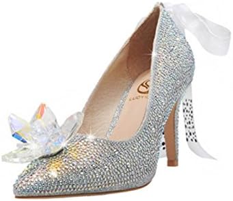 NBWE Cinderella Crystal Shoes Bridal Wedding Shoes Rhinestone High Heels Dress Shoes 8cm,Silver-8cm-34