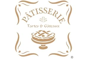 TODO-STENCIL Stencil Pochoir décoration vintage motif "Tartes & Gâteaux" Dimensions approximatives : pochoir : 25 cm x 25 cm, motif : 18,7 cm x 18,7 cm.