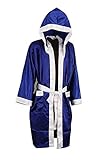 NEW MENS HOODED SATIN BOXING CONTEST ROBE MUAY THAI BOXING KICK BOXING 4 COLOURS (Blue/White, Large)