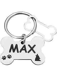 PETSAVIOUR Customized Pet ID Tag Personalize Black Engraved Name Collar Tag for Your Loving Pet Dog, Cat, Puppy, Horse 2mm Thick Stainless Steel Bone Shape Small (38mm x 25mm)