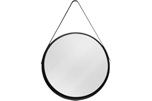 CHELY INTERMARKET MODR001 Espejo Redondo De Pared Negro con Correa De Colgar Ajustable 50x50cm Estilo Moderno Minimalista para Baño Recibidor Dormitorio Decoración Montaje Fácil PVC Liger