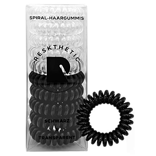 Reskthetic - 10 Stück hochwertige Spiral-Haargummis (5 schwarz, 5 transparent), 4 cm Durchmesser, Anti Spliss