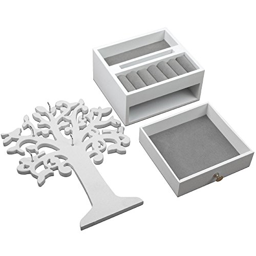 Schmuckbaum H30,5cm mit Schmuckkasten Ablagen + Schubfach Schmuckständer Schmuckhalter Kettenständer Weiß - 4