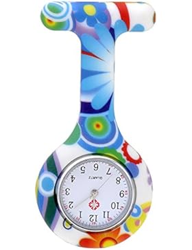 JSDDE Uhren,Krankenschwester FOB-Uhr Damen Silikon Tunika Brosche Taschenuhr Analog Quarzuhr,Gruen-Blau Muster