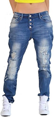 onado Vintage Wash Loose Distressed Faded Ripped Boyfriend Jeans Short Leg - Blue