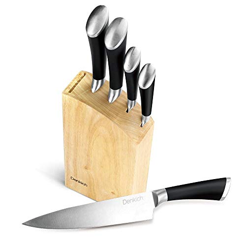 Denkich Couteaux Cuisine Bloc à Couteaux en Acier Inoxydable 6 pièces, Ensemble de Couteaux Professionnels, Couteaux de Chef avec Bloc en Bois