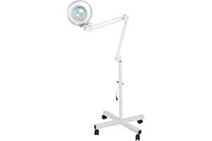 ZEMO - Lámpara de pie con lupa, lupa de esteticista profesional LED con 4 ruedas, aumento 5 x altura ajustable, brazo giratorio, para spa, salón, tatuaje, salón de manicura, color blanco