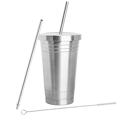 Inspired Home Living acero inoxidable vaso (16oz) con 2 pajitas, cepillo de limpieza y doble capa aislamiento - Vaso para bebidas frías y calientes Ideal para viajar