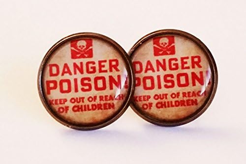 Danger Poison Label earrings Antique Bronze Studs Pierced Jewellery Goth Quirky