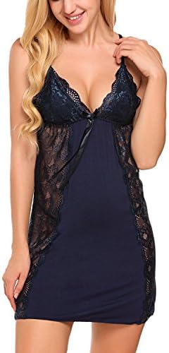 Caeasar Women's Satin Chemise Lingerie Set with Lace and String Night Shirt Backless Night Dress Babydoll Lingerie Sleepwear 4 Colors (S, Dark Blue)