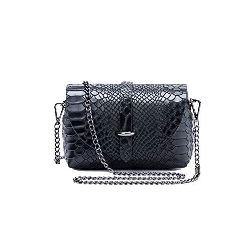 Ira del Valle, Modello Berlin, Borsa a Tracolla Donna Ragazza, Pochette Elegante Moda a Spalla con Catena, Piccola Borsetta a Mano, Clutch in Vera Pelle Stampa Pitonata, Made in Italy, Colore Nero
