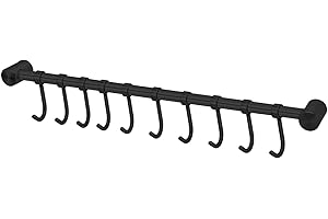 INTIRILIFE Barra colgante de acero inoxidable con 10 Ganchos en Negro - 52.6 x 3.4 x 2.2 cm - Colgador de ganchos barra de cocina soporte de pared