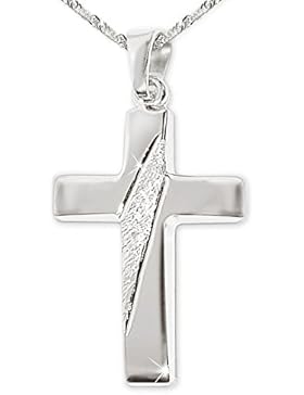 CLEVER SCHMUCK-SET Silberner Anhänger Kreuz 21 mm glänzend und quer diamantiert mit Kette Singapur 45 cm STERLING...