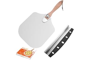 CAMUSBR Pizza Peel, 12 x 14 Inch Aluminium Pizza Peel with Foldable Wood Handle and Pizza Cutter 35cm Pizza Rocker Cutter Pizza Peel Set Perfect for Baking Pizza, Breads, Cookies and Pies