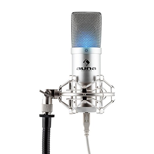 auna MIC-900S-LED Micr&oacute;fono de condensador USB (cardioide, conexi&oacute;n Plug & Play compatible PC y Mac, iluminaci&oacute;n LED, cable USB) - plateado