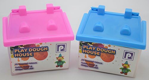 2 x TUBS :- Play Dough - 12 assorted colours - cutter and shapes included - HOUSE SHAPE BOX - NEW (1 x Pink AND 1 x Blue)
