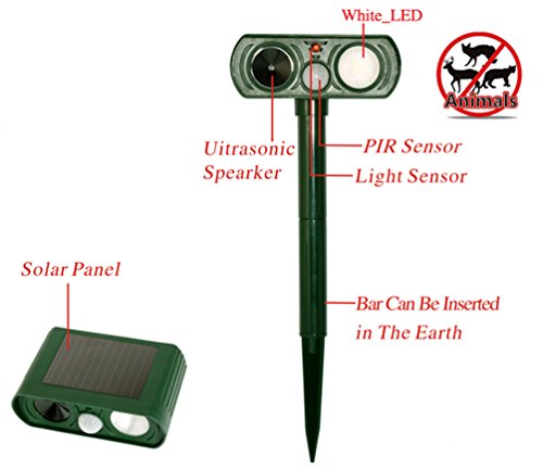 Everteco Solar Tiervertreiber Ultraschall Wasserdicht Hundeschreck Katzenschreck Marderschreck, Repeller Outdoor gegen Fuchs Hirsch Nagetier Eichhörnchen Stinktier Chipmunk, Schädlings-Vertreiber mit PIR-Sensor für Hof Garten Farm (1 Stück) - 2