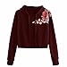 Produktbild Frauen Hoodie Sweatshirt Jumper Pullover Crop Top Stickerei Tops-Frauen Langarm Kapuzenpullis, Damen Hoodies Kapuzenpulli Tops Bluse Kapuzen- Lose Patchwork Blumen Kurz Sweater(Wein,S)