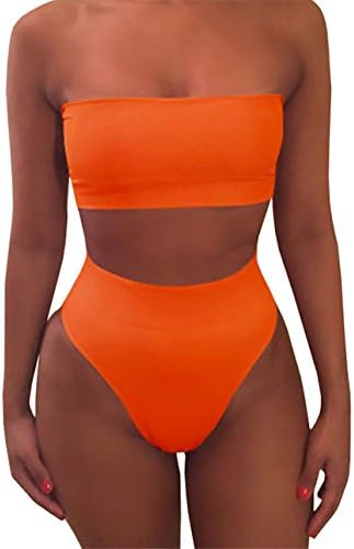 Sheler Women's 2 Piece Solid Bandeau Swimsuit Top Bottom Bikini Sets (Orange, L)