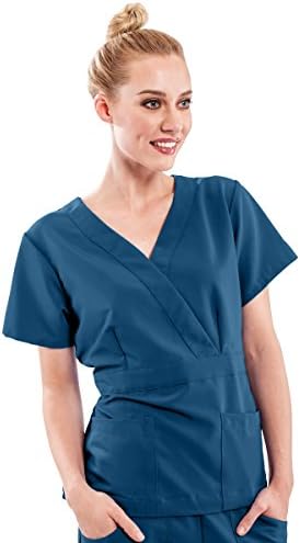 ave Scrubs Park ave Women's Scrub Top, Slimming Mock Wrap with Crossover Neckline, Caribbean Blue, 2X-Large