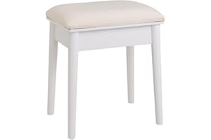 LOLAhome Banqueta de tocador de Madera de paulonia clásica Blanca de 38x29x45 cm, Taburete para Tocador Blanco, Taburete de Maquillaje Tapizado para Sala de Estar o Dormitorio