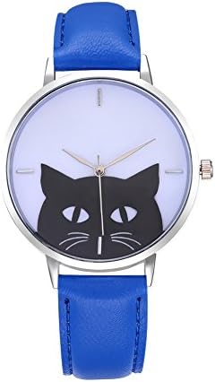 Women's Casual Cute Black Cat Face PU Leather Quartz Watches, Cat Lovers Watches (Blue)