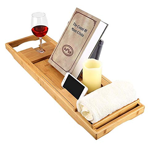 Preisvergleich Produktbild sokey Badewannenablage, Badewannenbrett, Badewannenablage Bolz, Aus Bambus Holz, Stabil und Ausziehbar, Badewannenablage Für iPad / Handys / Tablet / Laptop + Buchstütze