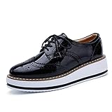  Damen Plateau Halbschuhe Leder Brogue Freizeit Atmungsaktive Schnürhalbschuhe Wedges Sneakers Platform Schwarz Weiß Beige Weinrot 35-41 Schwarz 39