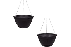 PRIDE HOME & GARDEN PHG Delicate Flower and Herb Plastic Hanging Basket | Large Garden Basket | Classic Plant Saucer | Wicker Hanging Basket | Easy Fill Hanging | Outdoor Planter | 32 cm (Pack of 2, Black)