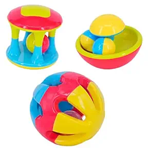 WISHKEY Set of 3 Plastic Non-Toxic Shake and Grab Ball Baby Rattles, Educational and Developmental Toys with Storage Bag for New Born Toddler Kids (Pack of 3, Multicolor)