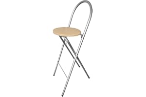 ‎KMH KMH Barhocker Bill klappbar – 73,5 cm Sitzhöhe, Stahlgestell Silber, MDF Sitz mit Buchendekor, mit Rückenlehne & Fußstütze, platzsparend & stabil, ideal für Küche, Bar & Events