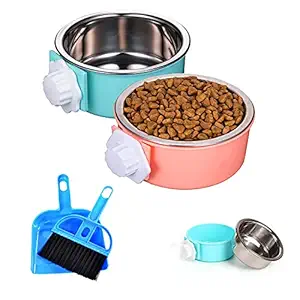 HERCOCCI 2 Pack Crate Dog Bowl, Removable Stainless Steel Pet Cage Hanging Food Bowls and Water Feeder Coop Cup with Bolt Holder for Cats, Puppy, Birds, Rats, Ferret and Small Animals