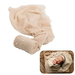 Newborn Baby Photography Prop Backdrop Handmade Wrap with Pearl Decoration for Boy or Girl Baby Stretch Wrap Photo Props Baby Basket for Pictures (B-Beige)