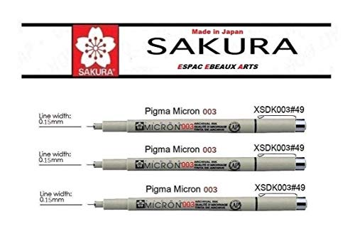 Pigma MICRON - Fineliner, 3 pezzi,Pigma Micron Sakura pennarellini a punta fine, a base di pigmenti, 0,03 mm, colore: nero